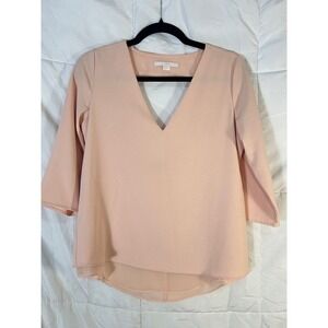 C&E Blush Pink V Neck‎ 3/4 Sleeve High Low Sheer Hem Top Blouse Size S